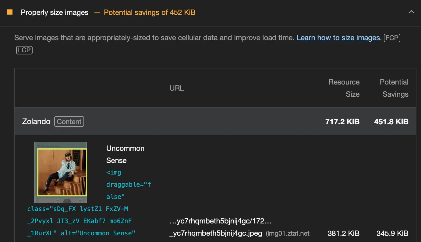 Lighthouse audit example on improperly sized images