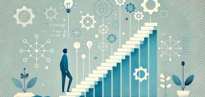 Man starting to climb steps representing growth through experience.