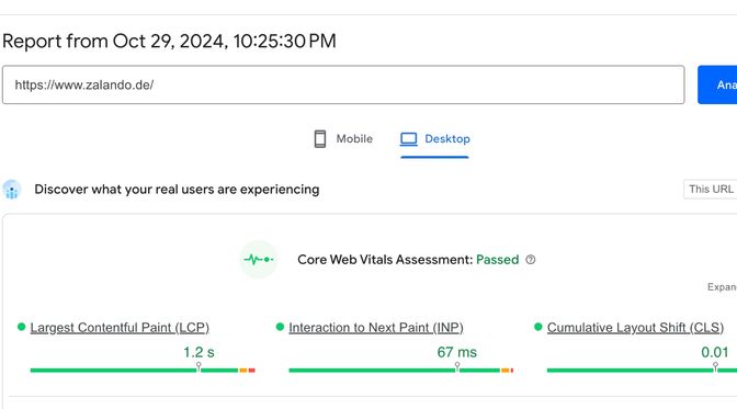 Zalando's core web vitals assessment with LCP 1.2s, INP 67ms and CLS 0.01